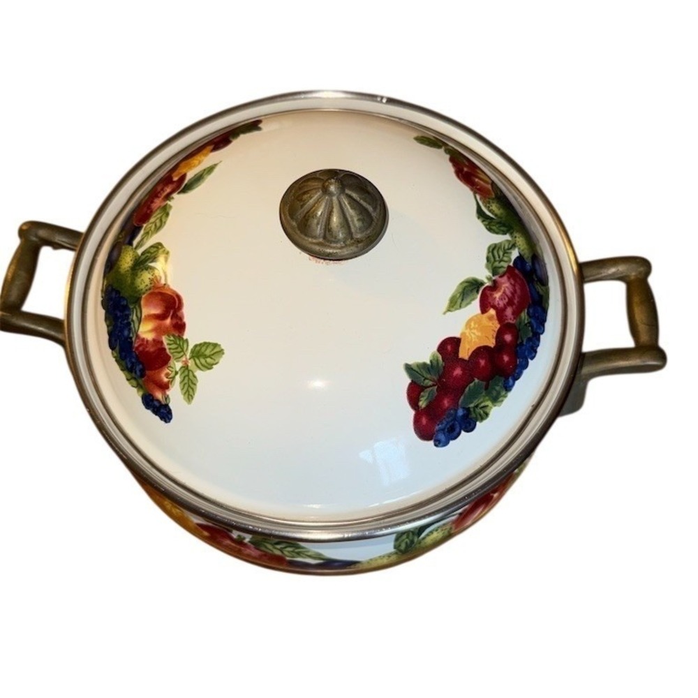 Vintage Lincoware Orchard Royale Covered Dutch Oven Pot w/ Lid Fruit enamelware‎